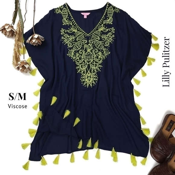 Lilly Pulitzer Navy Blue Lime Green Tassled Tunic Top Dress Size S/M - Picture 1 of 14